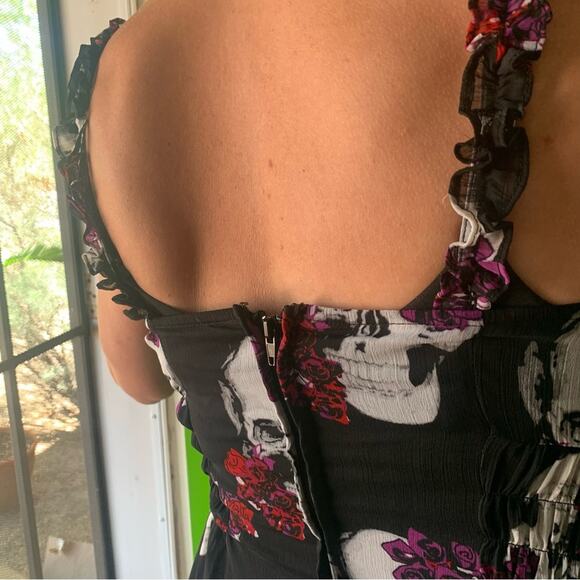 WhimsyGoth Dress Royal Bones by Daang Skull Print Sz Medium Black Chiffon - Picture 8 of 16